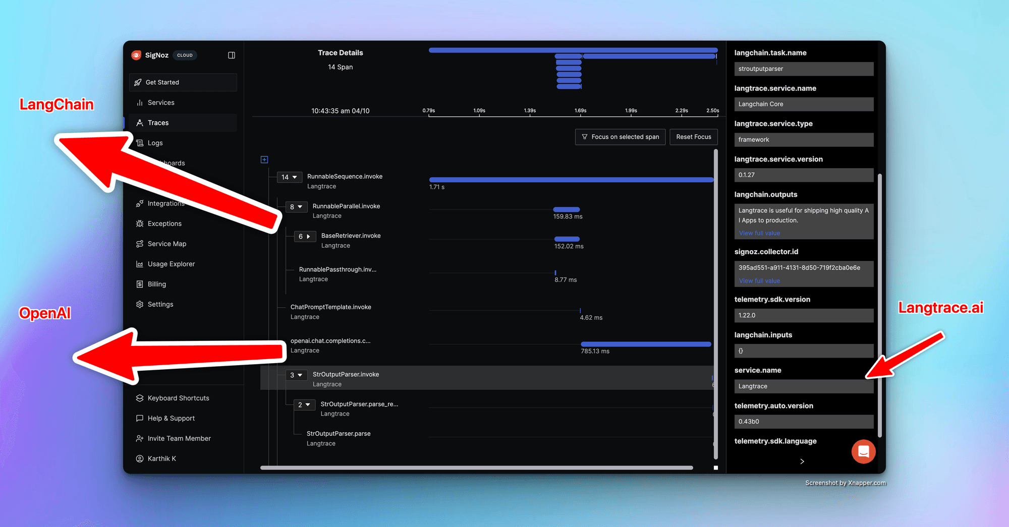 SigNoz Dashboard showing traces generated by Langtrace